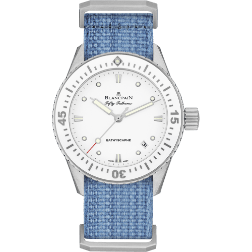 Blancpain Fifty Fathoms Bathyscaphe Stainless Steel / White / Jeans Nato