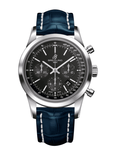 Breitling Transocean Chronograph Stainless Steel / Black / Croco / Folding