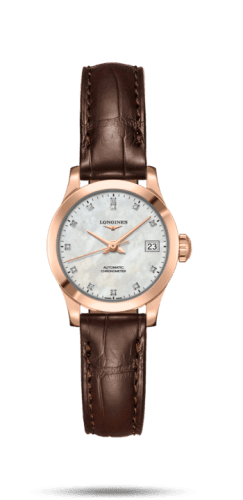 Longines Record 26mm Stainless Pink Gold / MOP-Diamond / Alligator