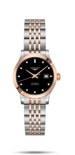 Longines Record 30mm Stainless Steel / Pink Gold / Black-Diamond / Bracelet