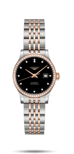 Longines Record 30mm Stainless Steel / Pink Gold / Diamond / Black-Diamond / Bracelet