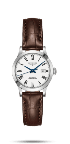 Longines Record 30mm Stainless Steel / White-Roman / Alligator