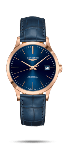 Longines Record 38.5mm Pink Gold / Blue / Alligator