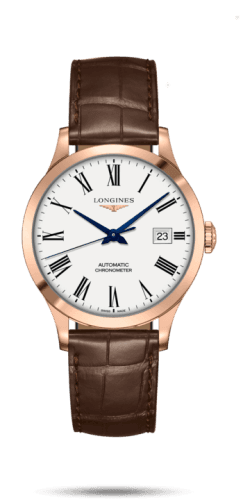 Longines Record 38.5mm Pink Gold / White-Roman / Alligator