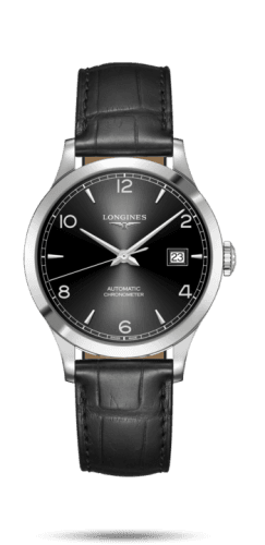 Longines Record 38.5mm Stainless Steel / Black-Arabic / Alligator