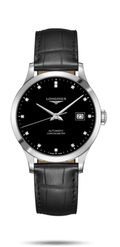 Longines Record 38.5mm Stainless Steel / Black-Diamond / Alligator