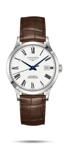 Longines Record 38.5mm Stainless Steel / White-Roman / Alligator