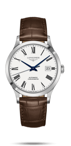 Longines Record 40mm Stainless Steel / White-Roman / Alligator
