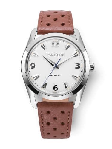 Nivada Grenchen Antarctic 35 White - White Luminova / Stainless Steel / Brown Racing