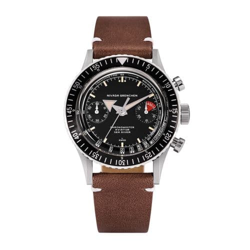 Nivada Grenchen Chronomaster Aviator Sea Diver Automatic Stainless Steel / Black / Brown Leather