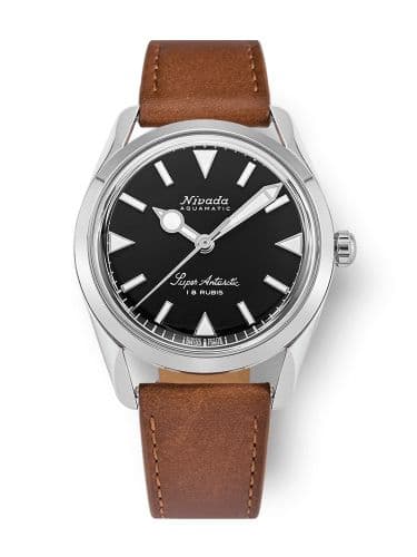 Nivada Grenchen Super Antarctic 35 Black - White Luminova / Stainless Steel / Brown