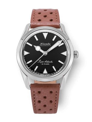 Nivada Grenchen Super Antarctic 35 Black - White Luminova / Stainless Steel / Brown Racing