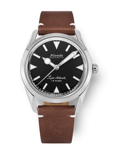 Nivada Grenchen Super Antarctic 35 Black - White Luminova / Stainless Steel / Brown - White