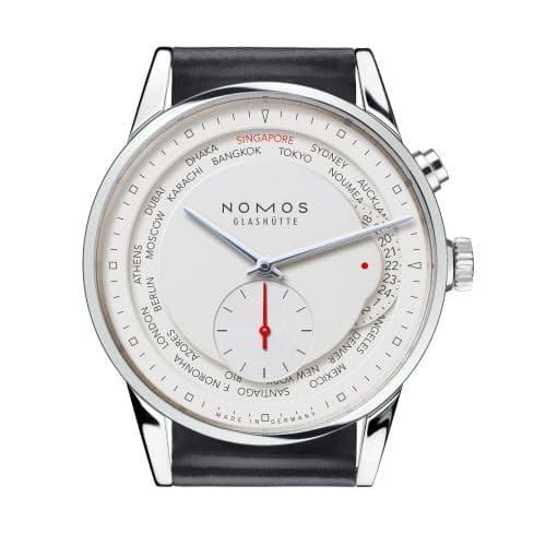 Nomos Glashütte Zürich Weltzeit Red Dot Silver