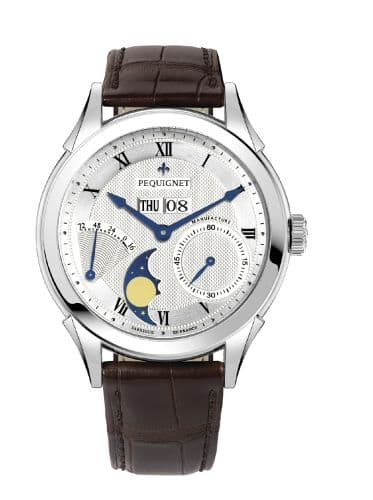 Pequignet Rue Royale Moonphase Stainless Steel / Silver Guilloche / Brown Alligator