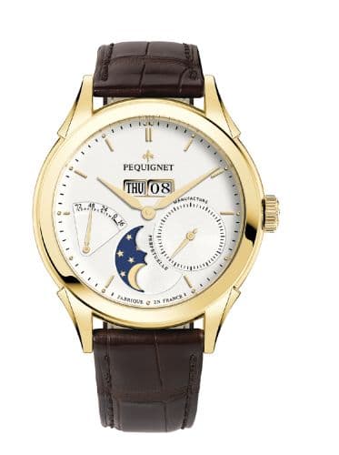 Pequignet Rue Royale Moonphase Yellow Gold / Silver / Brown Alligator