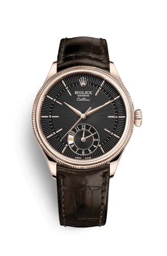 Rolex Cellini Dual Time Everose / Black / Alligator Brown