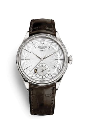 Rolex Cellini Dual Time White Gold / Silver / Alligator Brown