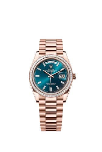 Rolex Day-Date 36 Everose Gold - Baguette / Blue-Green - Baguette / President