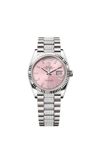 Rolex Day-Date 36 White Gold - Fluted / Pink - Baguette / President - Diamond